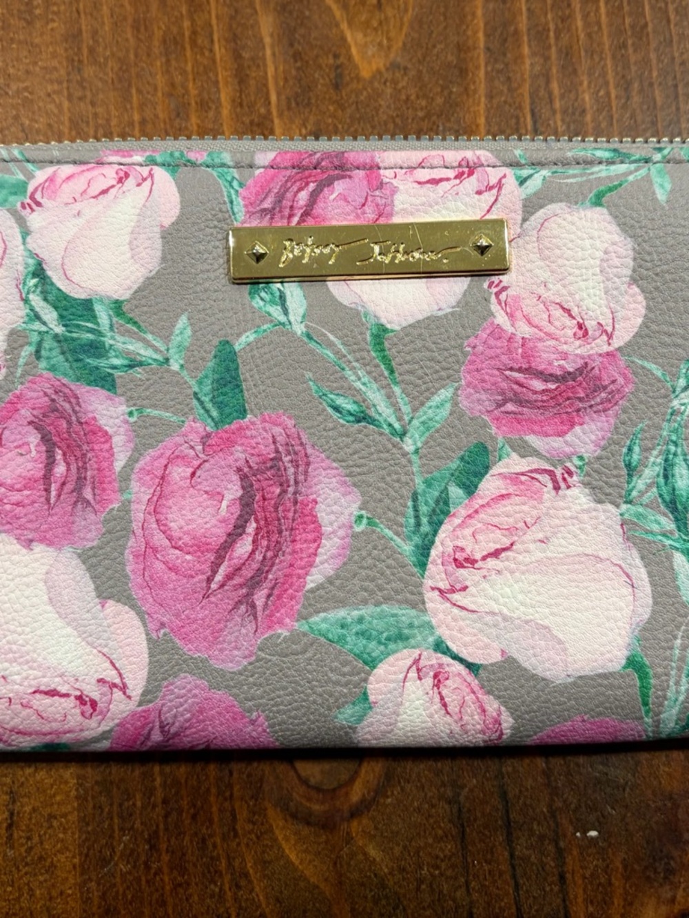 Betsey Johnson Pink Floral Zip-Around Wallet with Gold Plaque